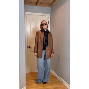 Vintage Brown Leather Button Up Jacket Womens Size XL